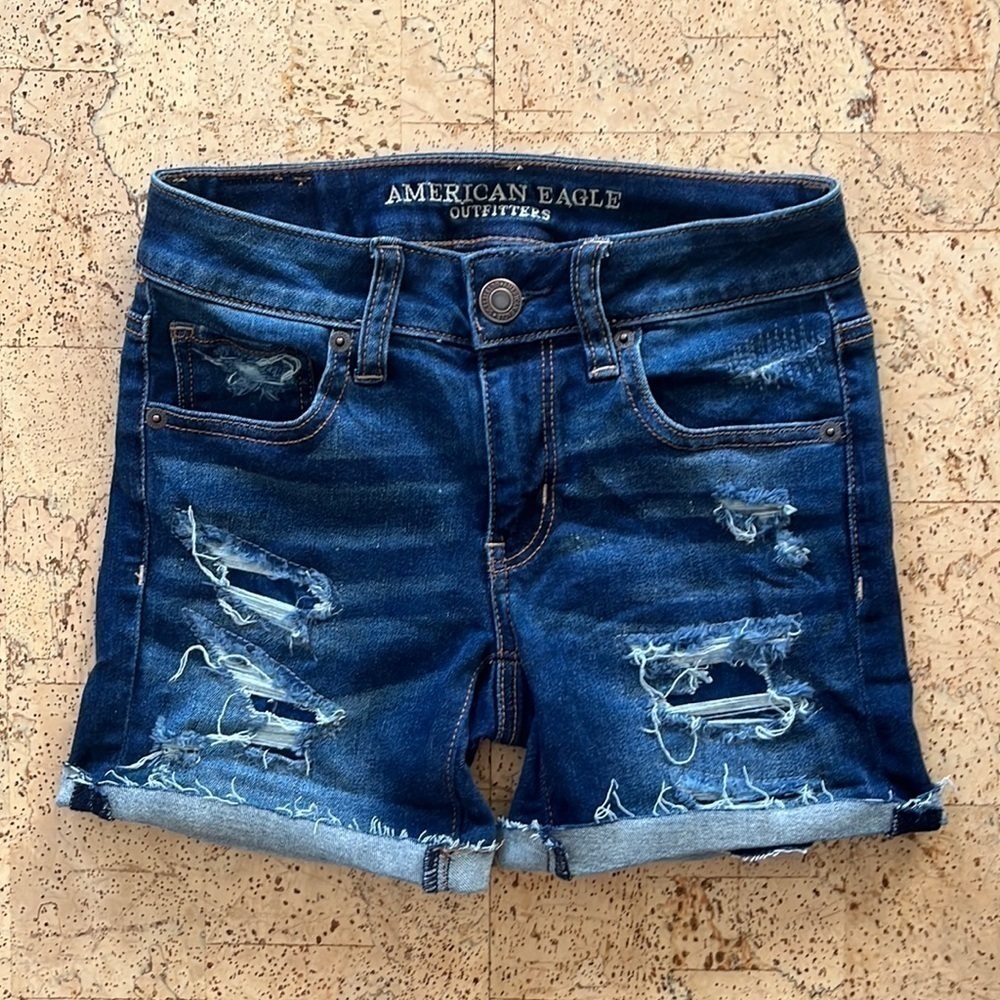 American Eagle Outfitters Next Level Stretch Blue Distressed Jean Midi Shorts